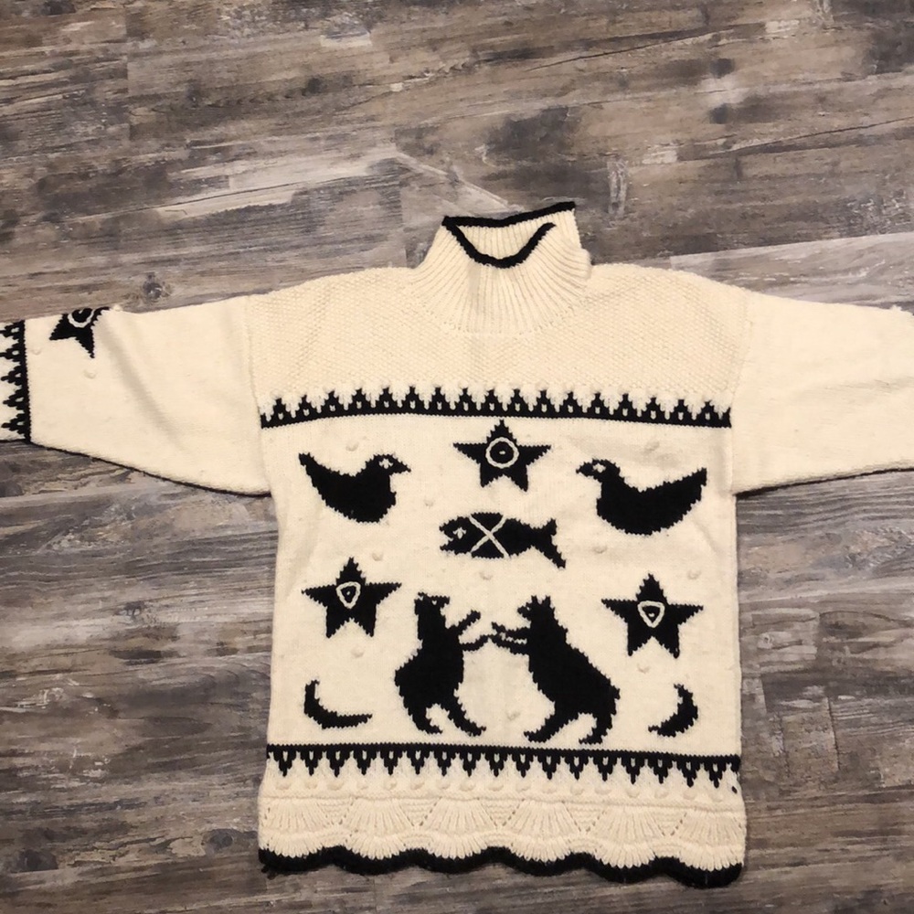 Handknit, Edy Lyngass sweater.  Black and white